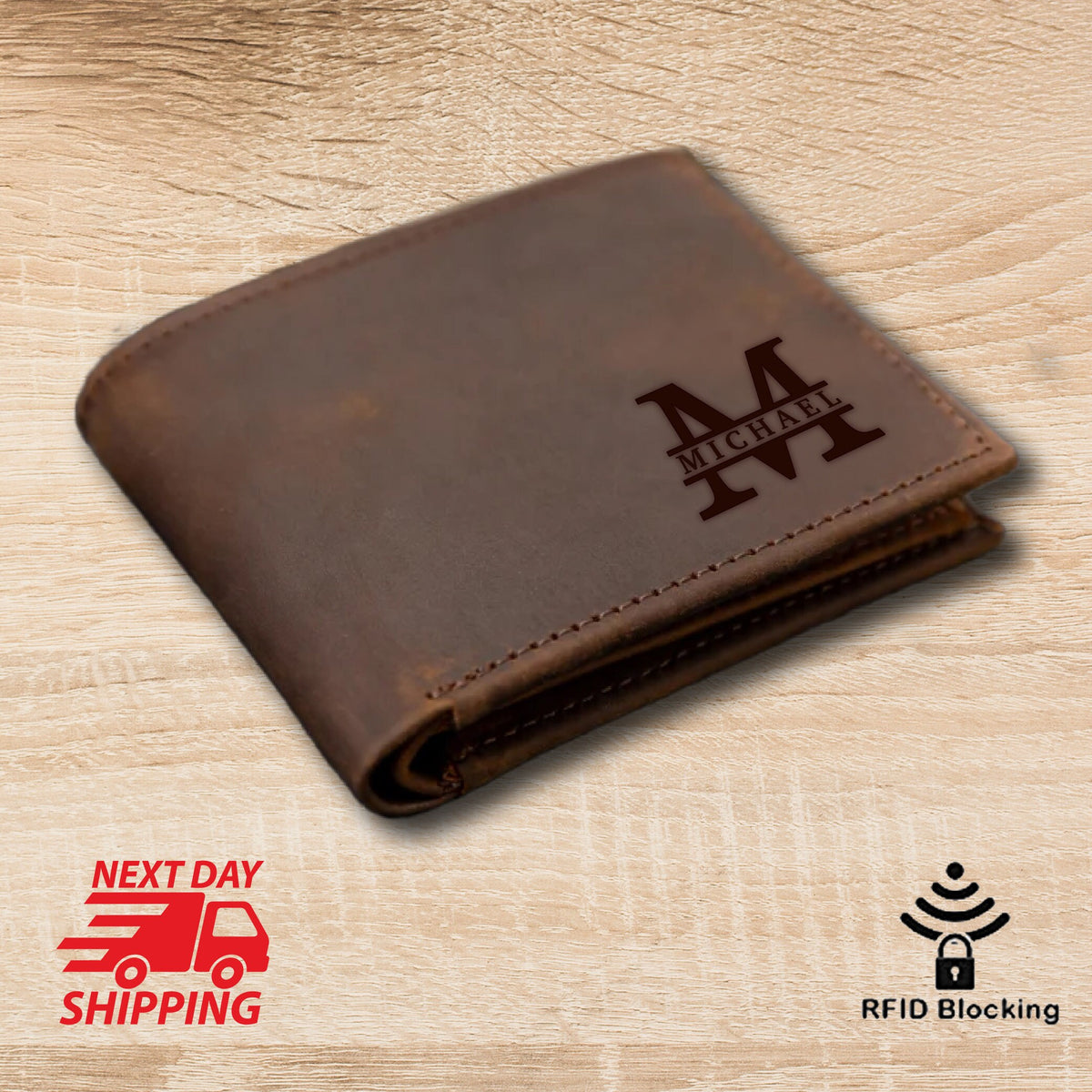 May include: A brown leather wallet with the name "MICHAEL" and the letter "M" engraved on the front. The wallet is closed and has a slightly distressed appearance. The image also includes the text "NEXT DAY SHIPPING" and "RFID Blocking".
