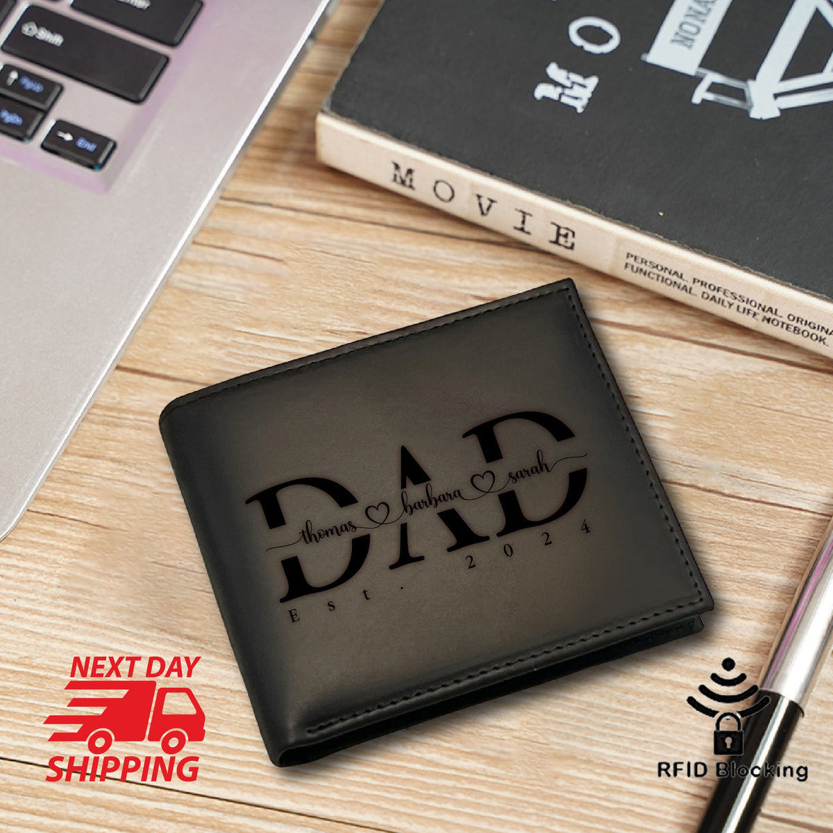 May include: Black leather wallet with the word "DAD" engraved in large letters. The names "thomas", "barbara", and "sarah" are engraved below the word "DAD" along with the date "EST. 2024".
