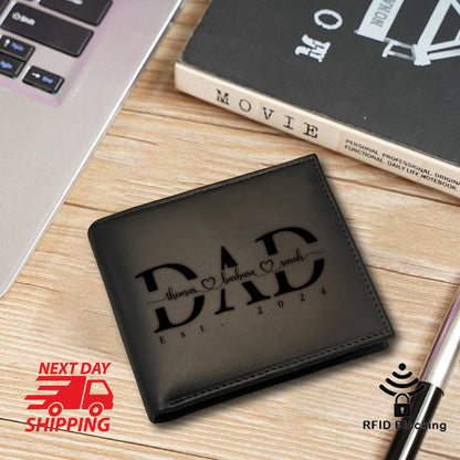 May include: Black leather wallet with the word "DAD" engraved in large letters. The names "thomas", "barbara", and "sarah" are engraved below the word "DAD" along with the date "EST. 2024".
