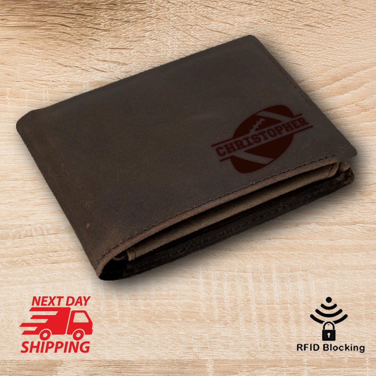 May include: A brown leather wallet with a football design and the name "CHRISTOPHER" engraved on the front. The wallet has RFID blocking technology.