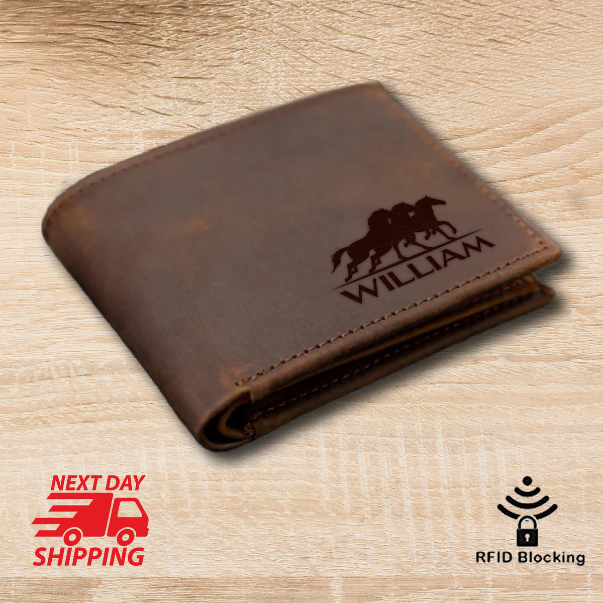 May include: A brown leather wallet with a personalized design featuring two horses running and the name "WILLIAM" engraved on the front. The wallet has RFID blocking technology.