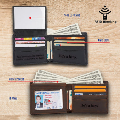 May include: A black leather wallet with multiple card slots, a money pocket, and a side card slot. The wallet has a clear window for an ID card and features the text "He's a hero." The wallet also has RFID blocking technology.