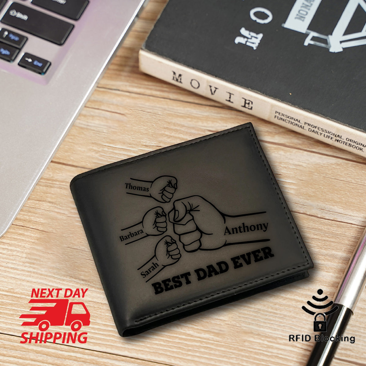 May include: Black leather wallet with a personalized message that reads "Best Dad Ever". The wallet features a design of four fists with the names "Thomas", "Barbara", "Sarah", and "Anthony" engraved on them.