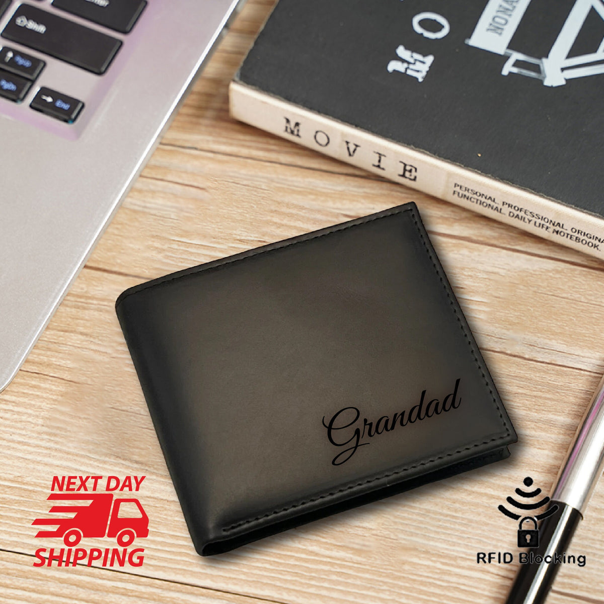 May include: Black leather wallet with the word "Grandad" engraved in a cursive font. The wallet has RFID blocking technology.