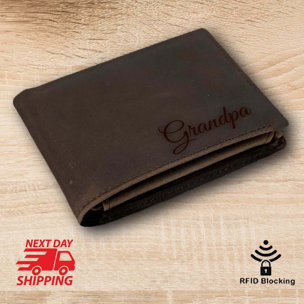 May include: A brown leather wallet with the word "Grandpa" engraved on the front. The wallet has RFID blocking technology.