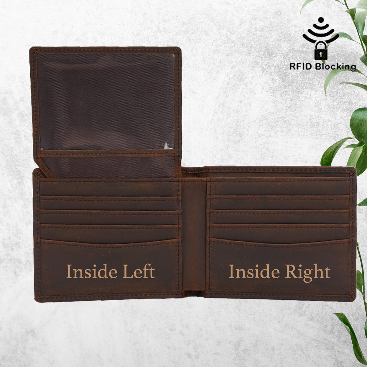 May include: A brown leather wallet with RFID blocking technology. The wallet is open to show the inside, which has multiple card slots and a clear ID window. The left side is labeled "Inside Left" and the right side is labeled "Inside Right".