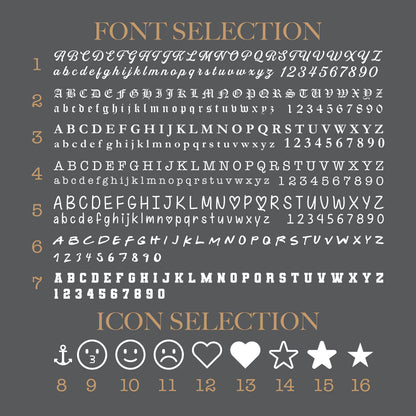 May include: A chart with seven different font styles in white on a dark gray background. Each font style includes uppercase and lowercase letters, numbers 1-9 and 0. The chart also includes a section with icons in white on a dark gray background. The icons include an anchor, a number 3, a smiley face, a frowning face, a heart, a star, and a star. The chart is labeled "FONT SELECTION" and "ICON SELECTION".