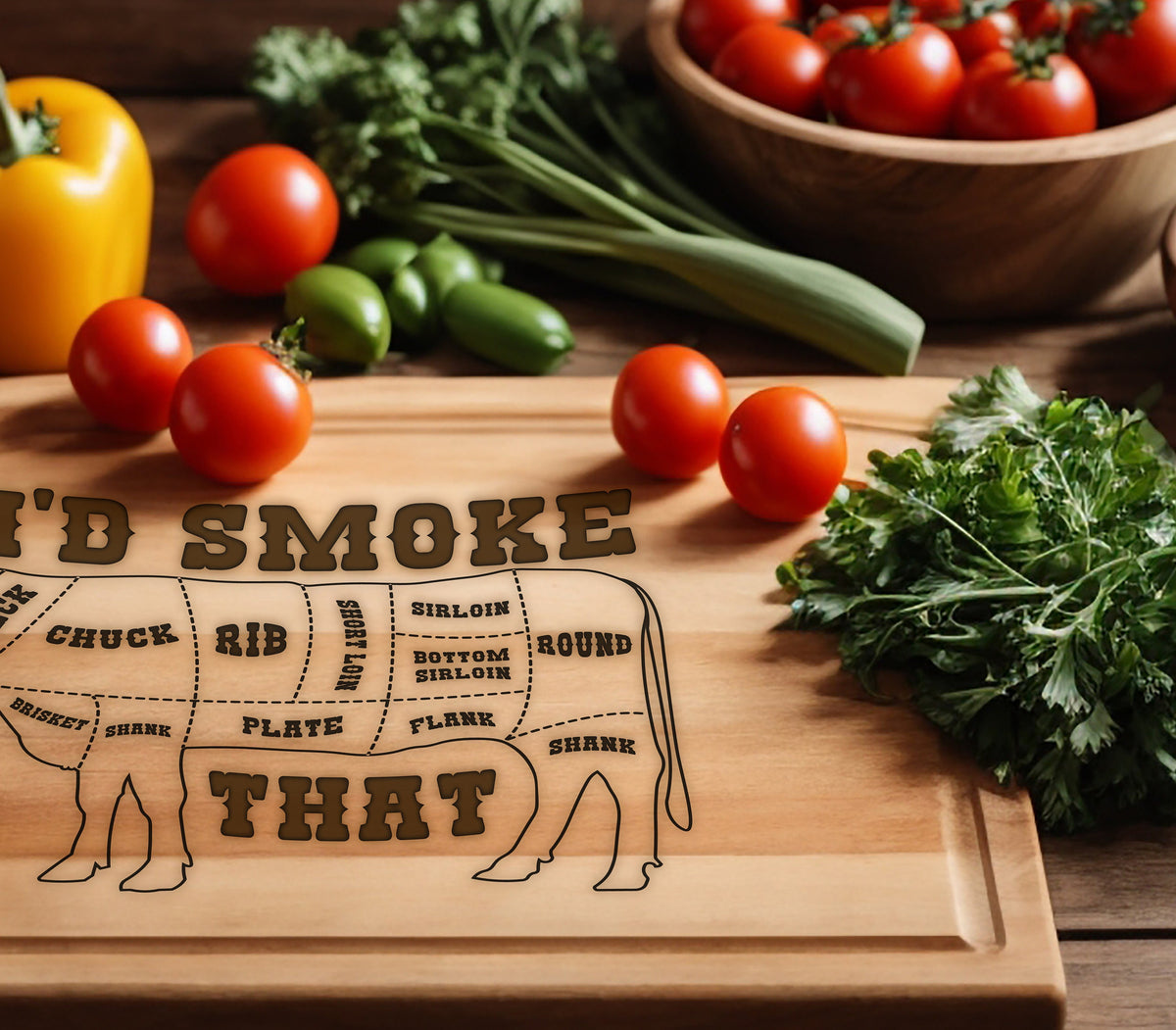 May include: A wooden cutting board with a cow silhouette and the text "I'd Smoke That" printed on it. The board is divided into sections labeled with different cuts of meat, including chuck, rib, brisket, short loin, sirloin, bottom sirloin, flank, and round. There are also some red tomatoes and green herbs on the board.