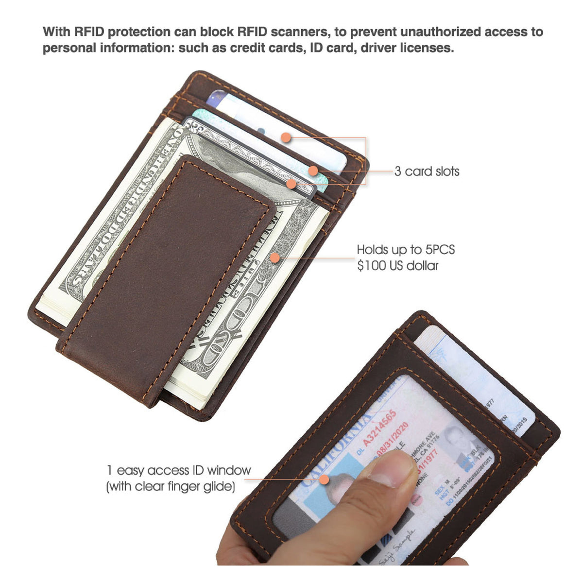 May include: Brown leather wallet with three card slots and an easy-access ID window. The wallet holds up to five $100 US dollar bills. The text on the image states that the wallet has RFID protection to prevent unauthorized access to personal information.