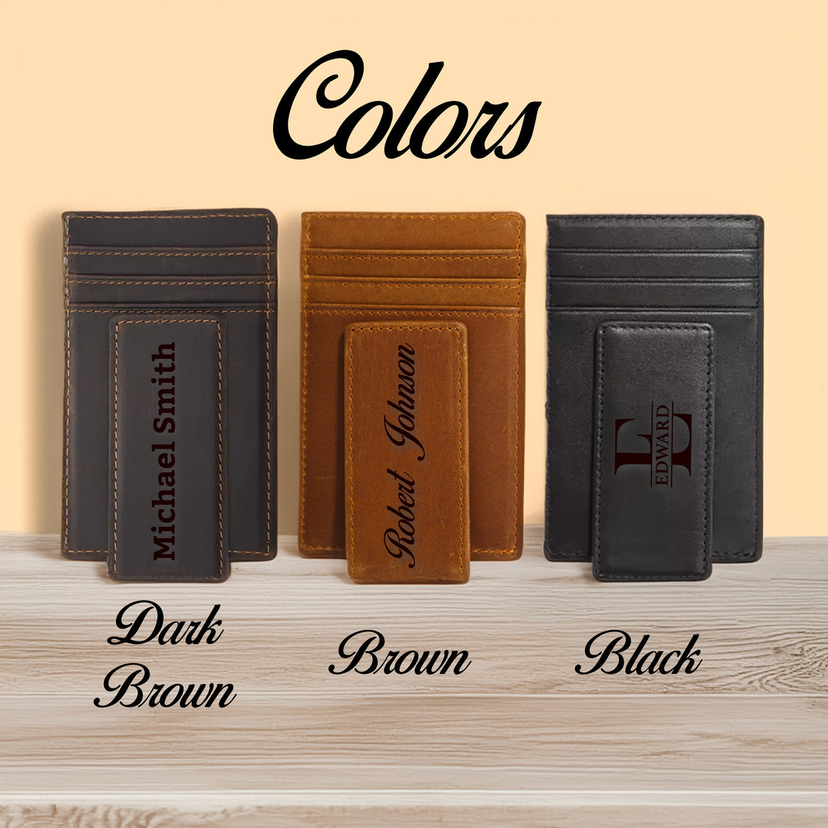 May include: Three leather money clip wallets in dark brown, brown, and black. Each wallet has a matching magnetic money clip. The dark brown wallet has "Michael Smith" engraved. The brown wallet has "Robert Johnson" engraved. The black wallet has "E" and "EDWARD" engraved.