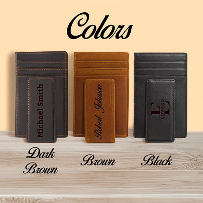 May include: Three leather money clip wallets in dark brown, brown, and black. Each wallet has a matching magnetic money clip. The dark brown wallet has "Michael Smith" engraved. The brown wallet has "Robert Johnson" engraved. The black wallet has "E" and "EDWARD" engraved.