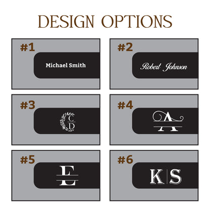 May include: Image showcasing six design options. Each design features a gray rectangular background with a black, rounded-rectangle shape in the center. The designs include names, initials, and monograms, such as "Michael Smith" and "KS". The text "DESIGN OPTIONS" is at the top.