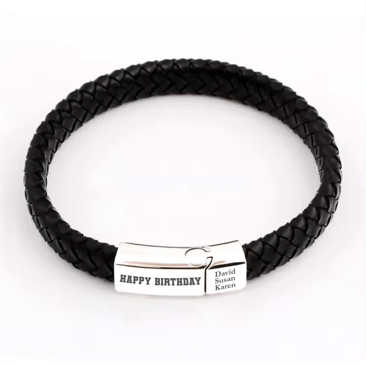 May include: Black leather braided bracelet with a silver clasp engraved with "Happy Birthday" and the names "David, Susan, Karen".