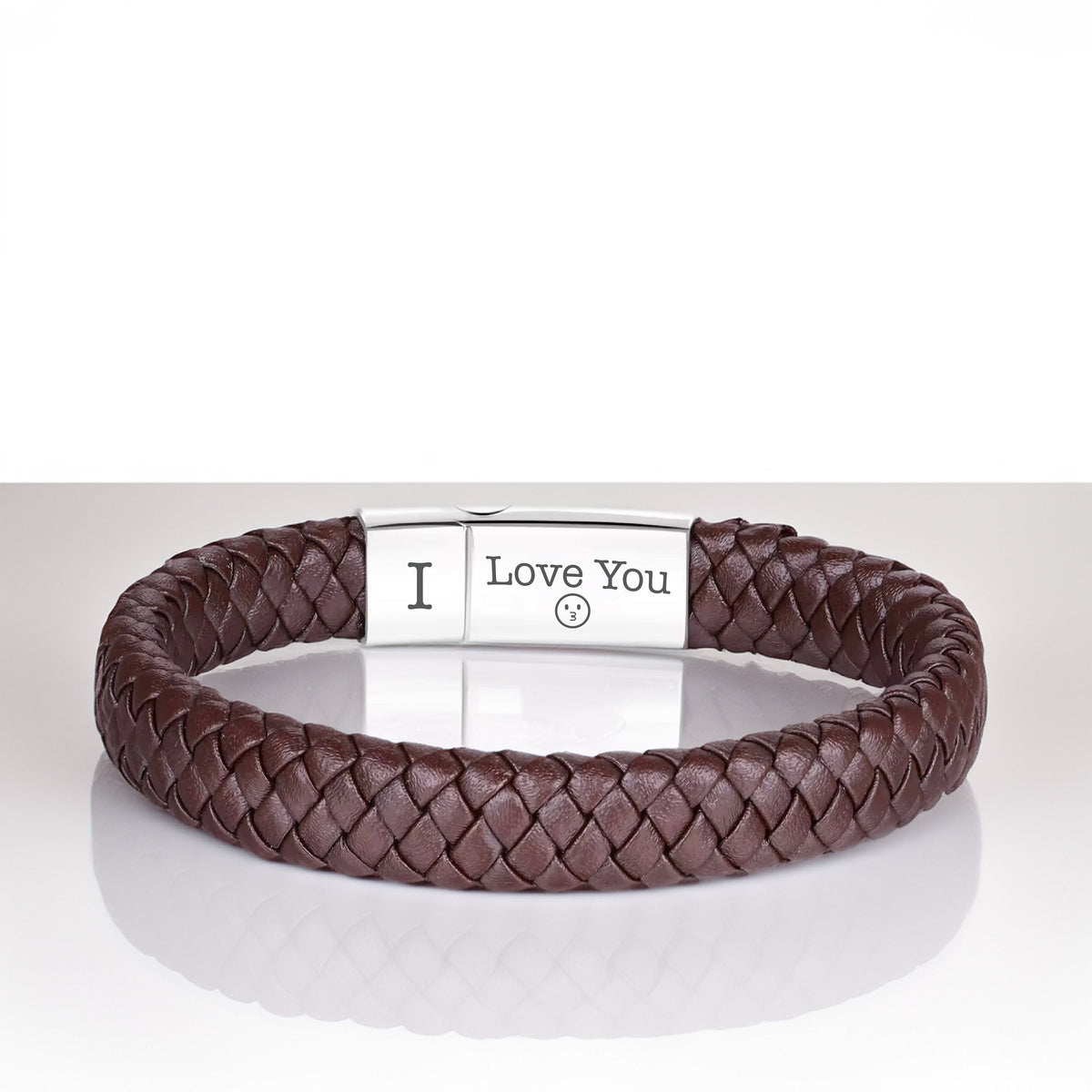 May include: Brown leather bracelet with a silver clasp engraved with "I Love You".