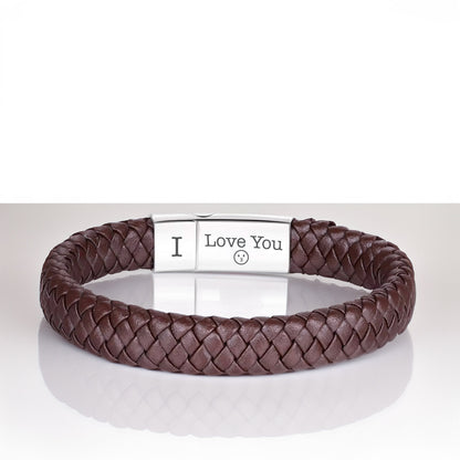 May include: Brown leather bracelet with a silver clasp engraved with "I Love You".