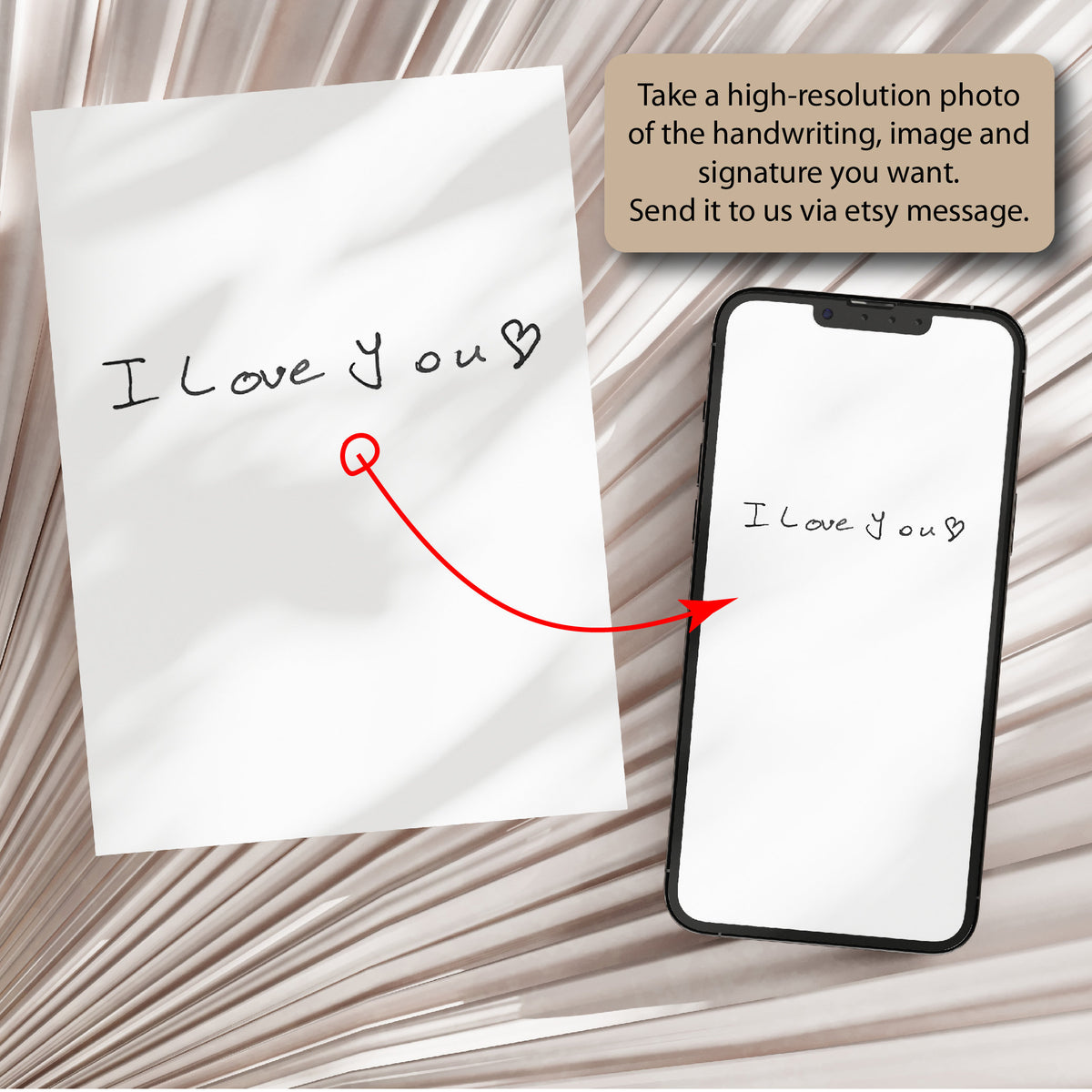 May include: A white note with the handwritten message "I Love You" with a red arrow pointing to a smartphone with the same message on the screen. The text "Take a high-resolution photo of the handwriting, image and signature you want. Send it to us via etsy message." is also visible.