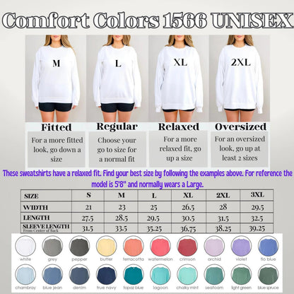 May include: A graphic showing Comfort Colors 1566 unisex sweatshirts in various sizes and colors. The image includes size charts with measurements in inches and color swatches. The text provides sizing guidance for fitted, regular, relaxed, and oversized fits.