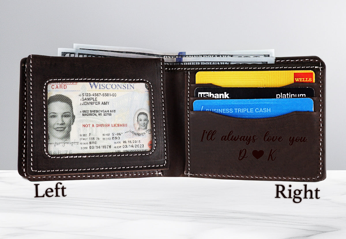 May include: A brown leather wallet with a clear ID window, a credit card slot, and an engraved message that reads "I'll always love you J ♥ K".