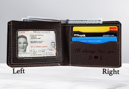 May include: A brown leather wallet with a clear ID window, a credit card slot, and an engraved message that reads "I'll always love you J ♥ K".