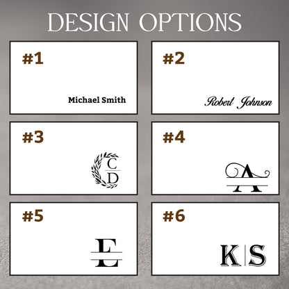 May include: Six different design options for a personalized gift. Options include a name, initials with a wreath, initials with a line, and initials with a vertical line. The options are numbered 1 through 6.