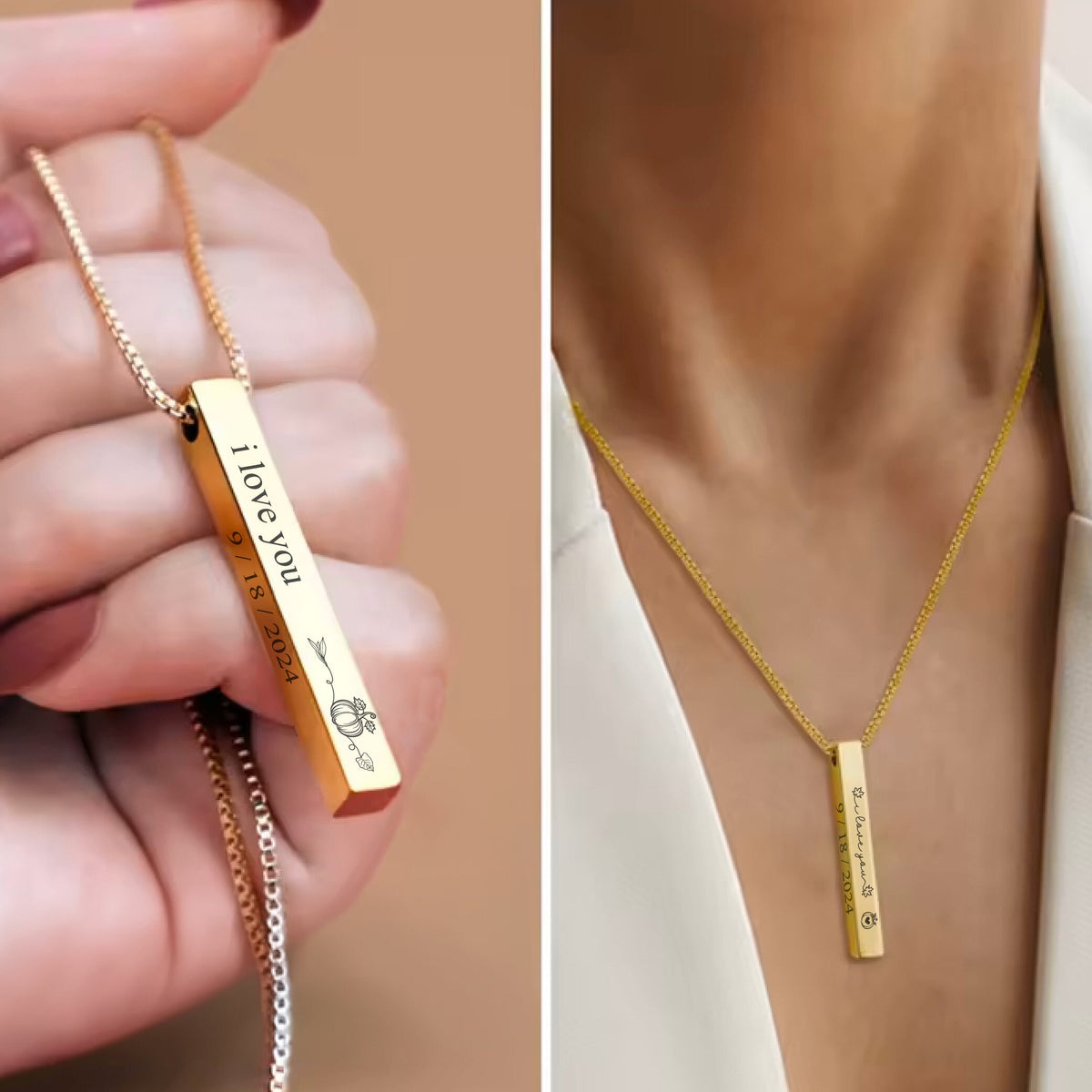 May include: Gold bar necklace with a personalized inscription that reads "i love you 9/18/2024" and a small pumpkin design. The necklace is shown on a model wearing a white shirt.