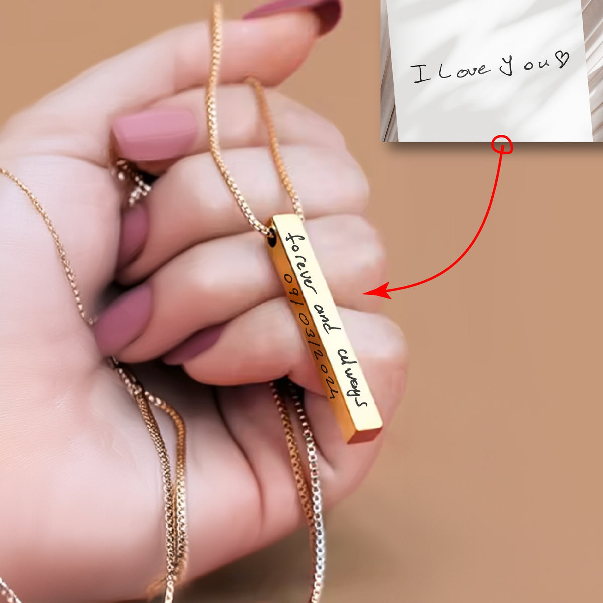 May include: Gold bar necklace with a personalized inscription that reads "forever and always 09.03.2024".