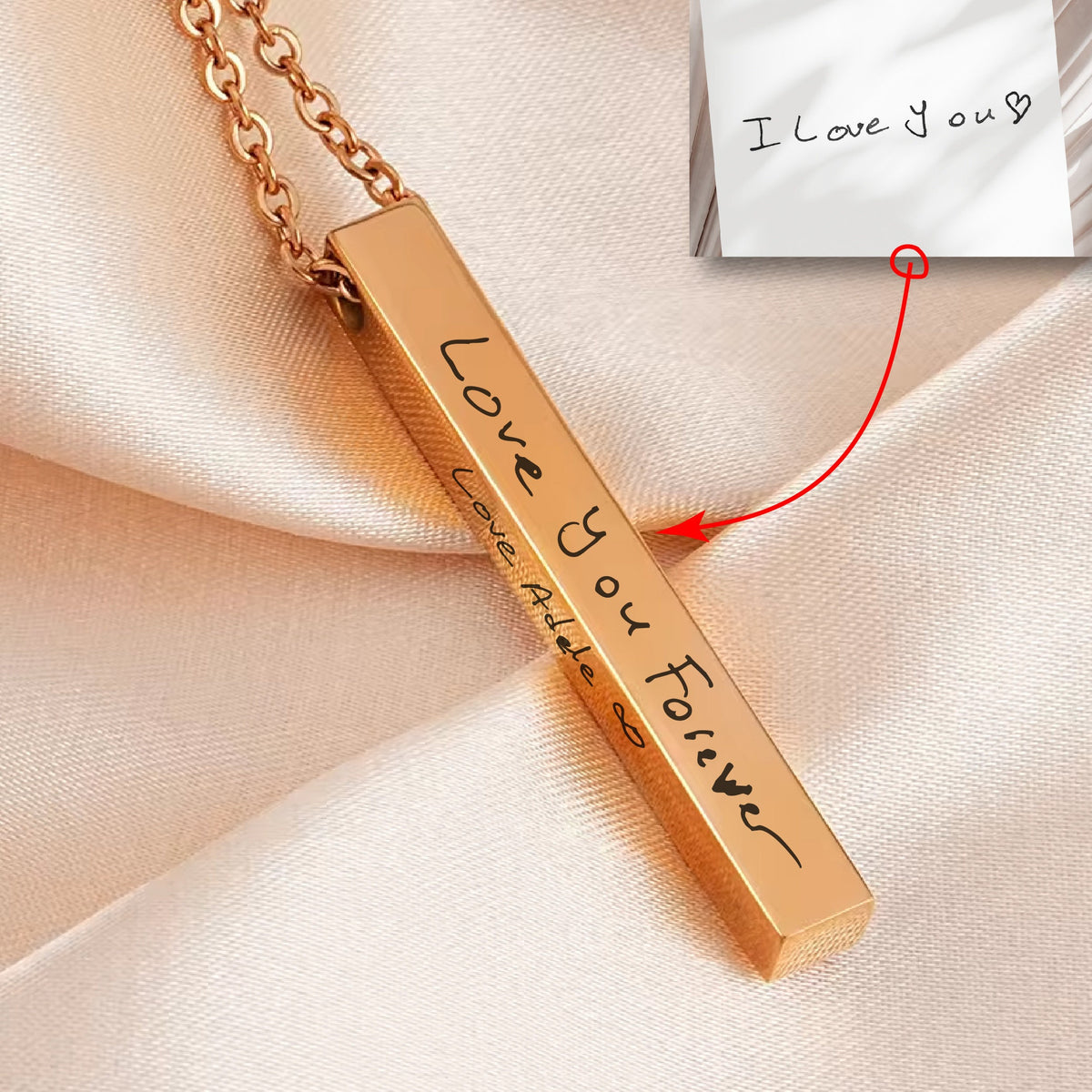 May include: Gold bar necklace with a handwritten inscription that reads "Love You Forever".