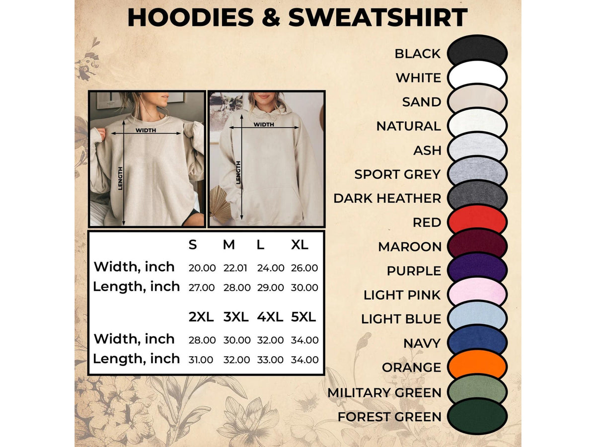 May include: Image showing a size chart for hoodies and sweatshirts. The chart includes measurements in inches for width and length, ranging from size S to 5XL. Color options are listed, including black, white, and navy.