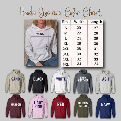 May include: Hoodie size and color chart with measurements in inches. The chart shows sizes from S to 5XL with corresponding width and length measurements. The chart is displayed above a row of 10 different colored hoodies, including sand, black, white, dark heather, ash, maroon, light pink, red, military green, and navy.
