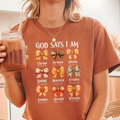 Comfort Colors Christian Bow Shirt, God Says I Am T-Shirt, Faith Based Clothing, Fall Shirt, Religious Tees, Christian Tees