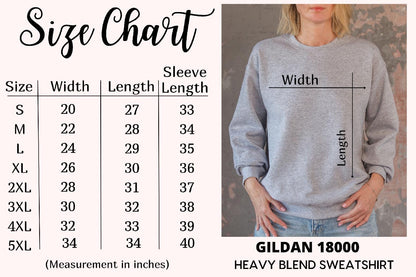 May include: Size chart for a Gildan 18000 heavy blend sweatshirt. The chart shows measurements in inches for width, length, and sleeve length for sizes S through 5XL.