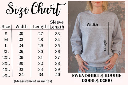 May include: A size chart for sweatshirts and hoodies, with measurements in inches. The chart includes sizes S to 5XL, detailing width, length, and sleeve length. A person is wearing a gray sweatshirt, with width and length measurements indicated.