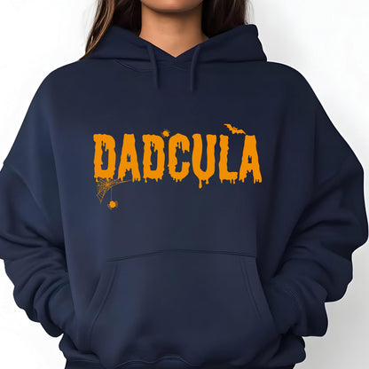 May include: A navy blue hoodie with an orange graphic that says "DADCULA" with a spider web and bat design.