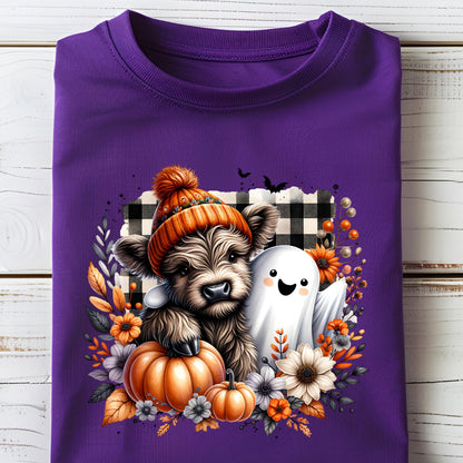 May include: A purple t-shirt featuring a graphic of a fluffy highland cow wearing an orange knit hat, standing next to a white ghost. The design includes orange pumpkins, autumn flowers, and a black and white buffalo plaid background pattern.