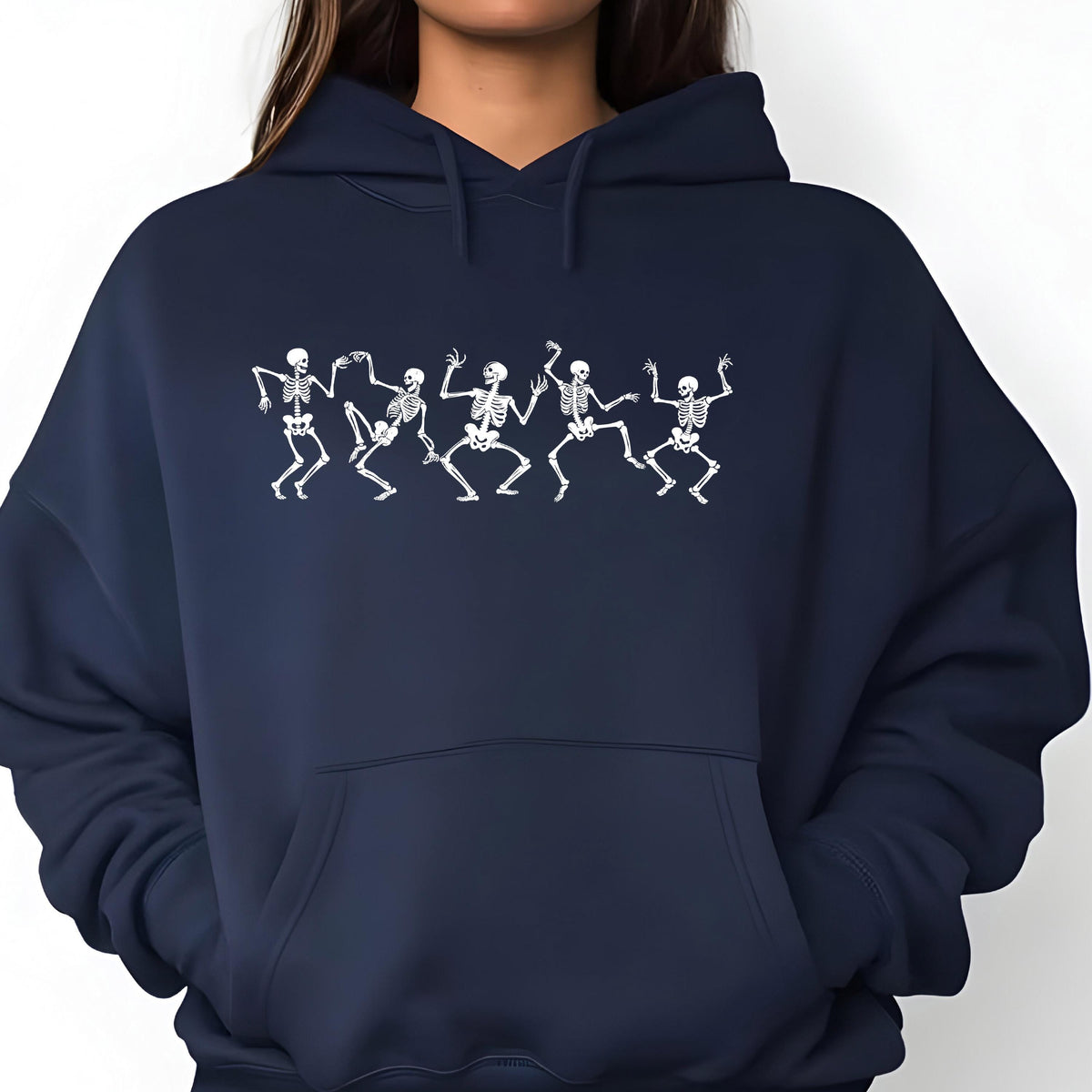 May include: Navy blue hoodie featuring a white graphic of dancing skeletons. The design shows five skeletons in various dance poses across the front of the hooded sweatshirt. The hoodie has a front pocket and a drawstring hood.