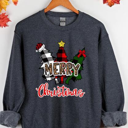 May include: A dark heather gray crewneck sweatshirt featuring a graphic of three stylized Christmas trees. The trees are patterned in black and white buffalo plaid, red and black buffalo plaid, and solid green. The text reads MERRY CHRISTMAS.
