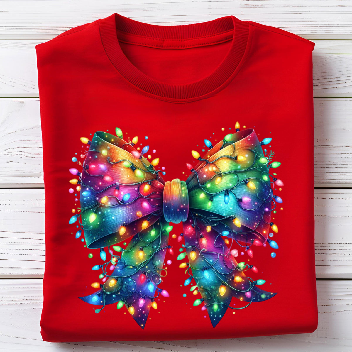 May include: A red sweatshirt featuring a vibrant, colorful bow design. The bow is adorned with a string of Christmas lights in shades of blue, green, yellow, and red. The design is centered on the front of the sweatshirt.
