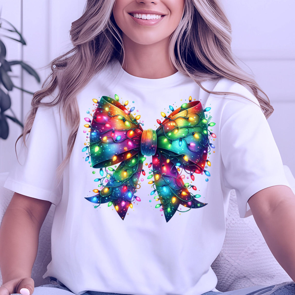 May include: White t-shirt featuring a vibrant, colorful bow design adorned with Christmas lights. The bow is a mix of rainbow hues, with a central knot and flowing ribbons. The lights are a mix of red, green, blue, and yellow.