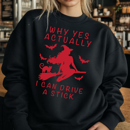 May include: A black crewneck sweatshirt featuring a red graphic print of a witch riding a broomstick with a cat and bats. The text reads: WHY YES ACTUALLY I CAN DRIVE A STICK. The design is centered on the chest of the long-sleeved pullover garment.