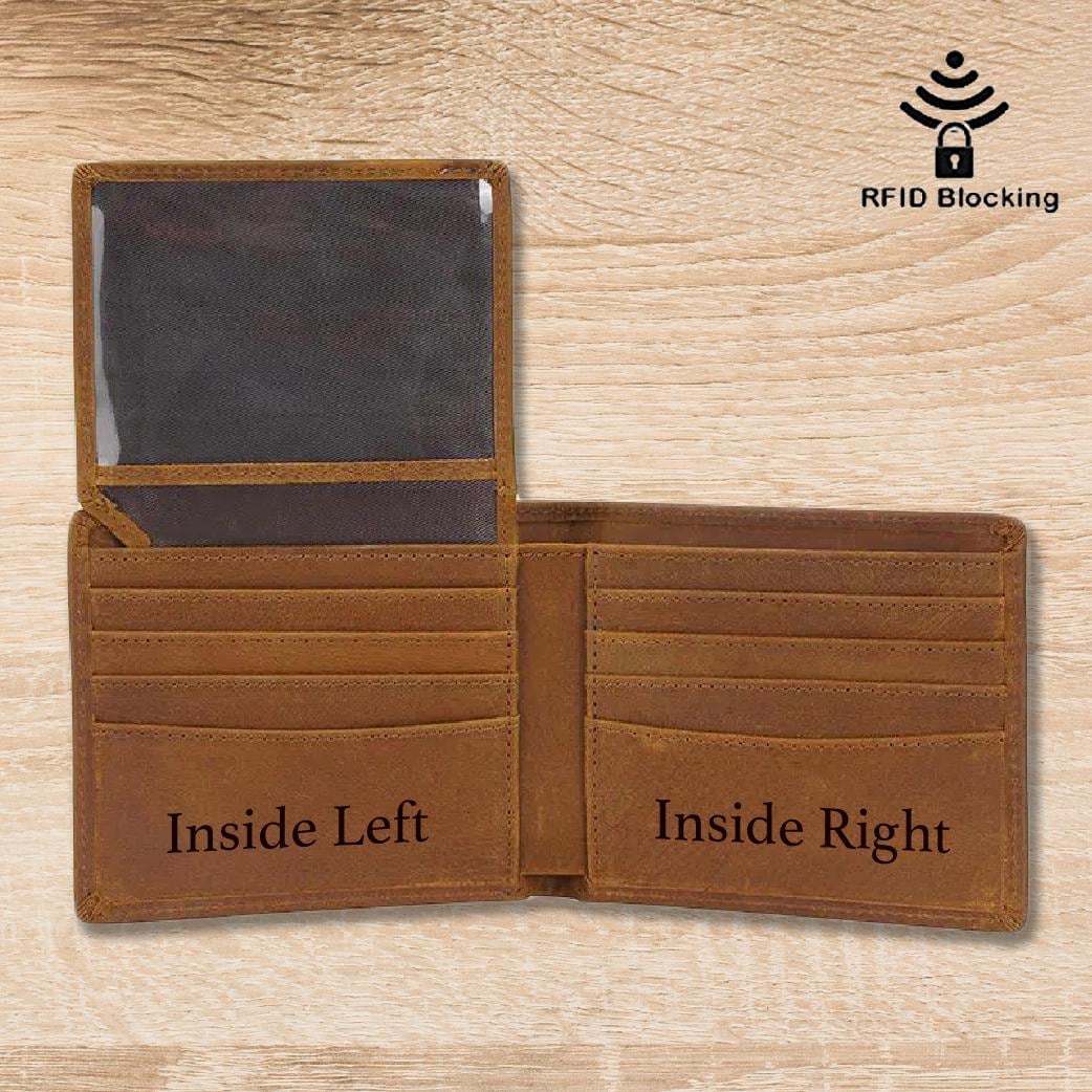 May include: A brown leather wallet with multiple card slots and a clear ID window. The wallet is open to show the inside, which has two sections labeled "Inside Left" and "Inside Right". The wallet also features RFID blocking technology, as indicated by the symbol on the front.