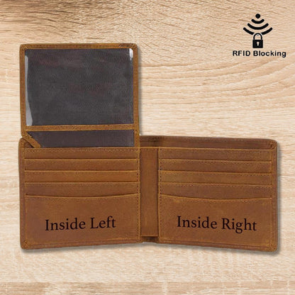 May include: A brown leather wallet with multiple card slots and a clear ID window. The wallet is open to show the inside, which has two sections labeled "Inside Left" and "Inside Right". The wallet also features RFID blocking technology, as indicated by the symbol on the front.