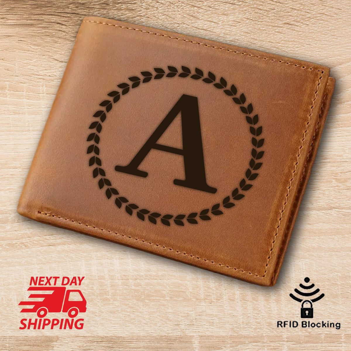 May include: A brown leather wallet with a monogrammed initial "A" in a wreath design. The wallet has RFID blocking technology.