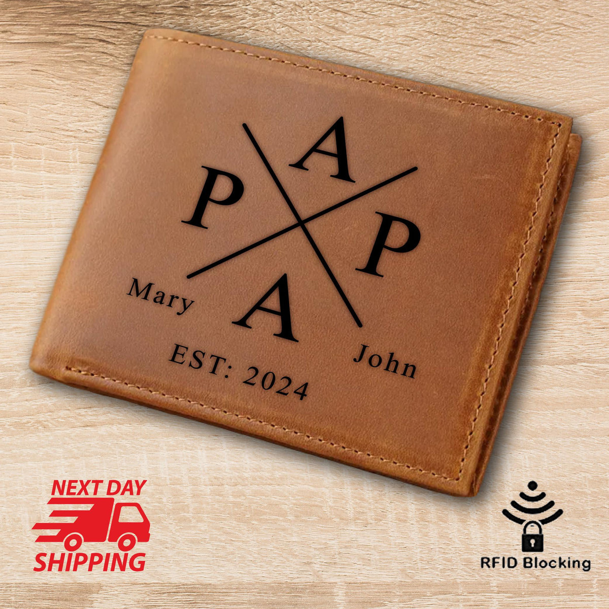 May include: Brown leather wallet with a personalized design featuring the letters "A" and "P" crossed over each other. The text "Mary & John EST: 2024" is also engraved on the wallet.