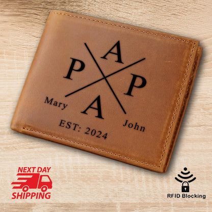 May include: Brown leather wallet with a personalized design featuring the letters "A" and "P" crossed over each other. The text "Mary & John EST: 2024" is also engraved on the wallet.