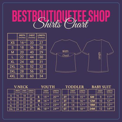 May include: A purple graphic with the text "BESTBOUTIQUETEE SHOP Shirts Chart" and size charts for various shirt styles, including V-neck, youth, toddler, and baby suit sizes. Measurements are in inches.