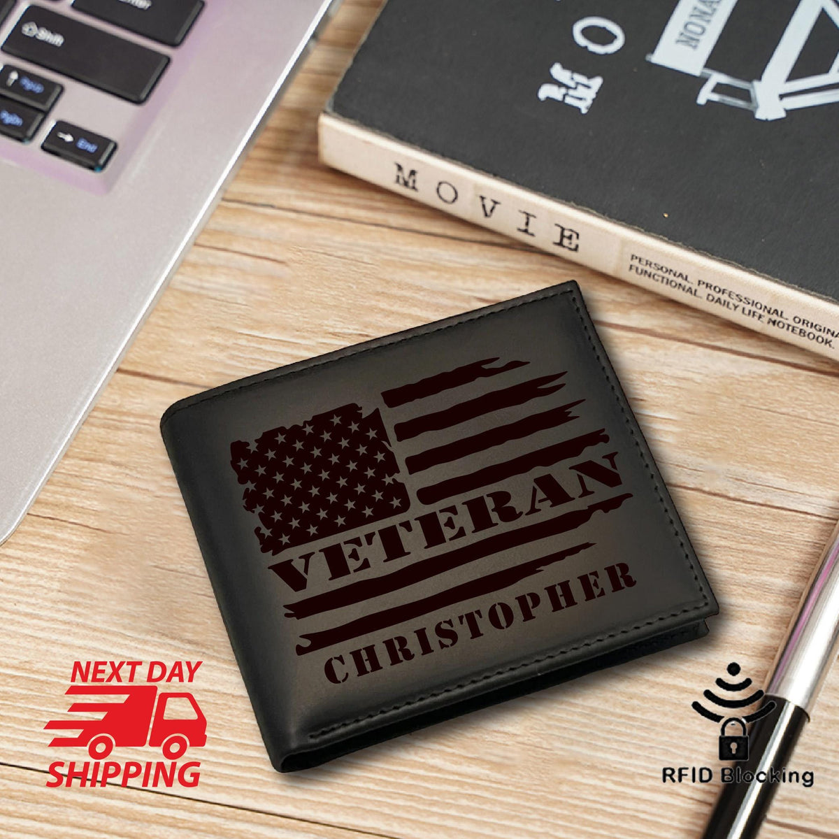 May include: Black leather wallet with a distressed American flag design and the text "Veteran Christopher".