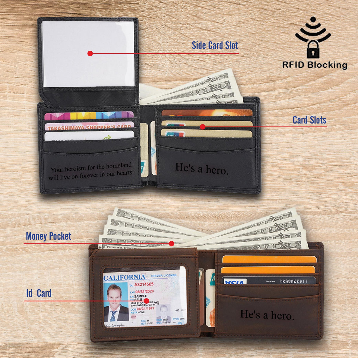May include: A black leather wallet with a clear ID window, multiple card slots, a money pocket, and the text "He's a hero."  The wallet also features RFID blocking technology. 