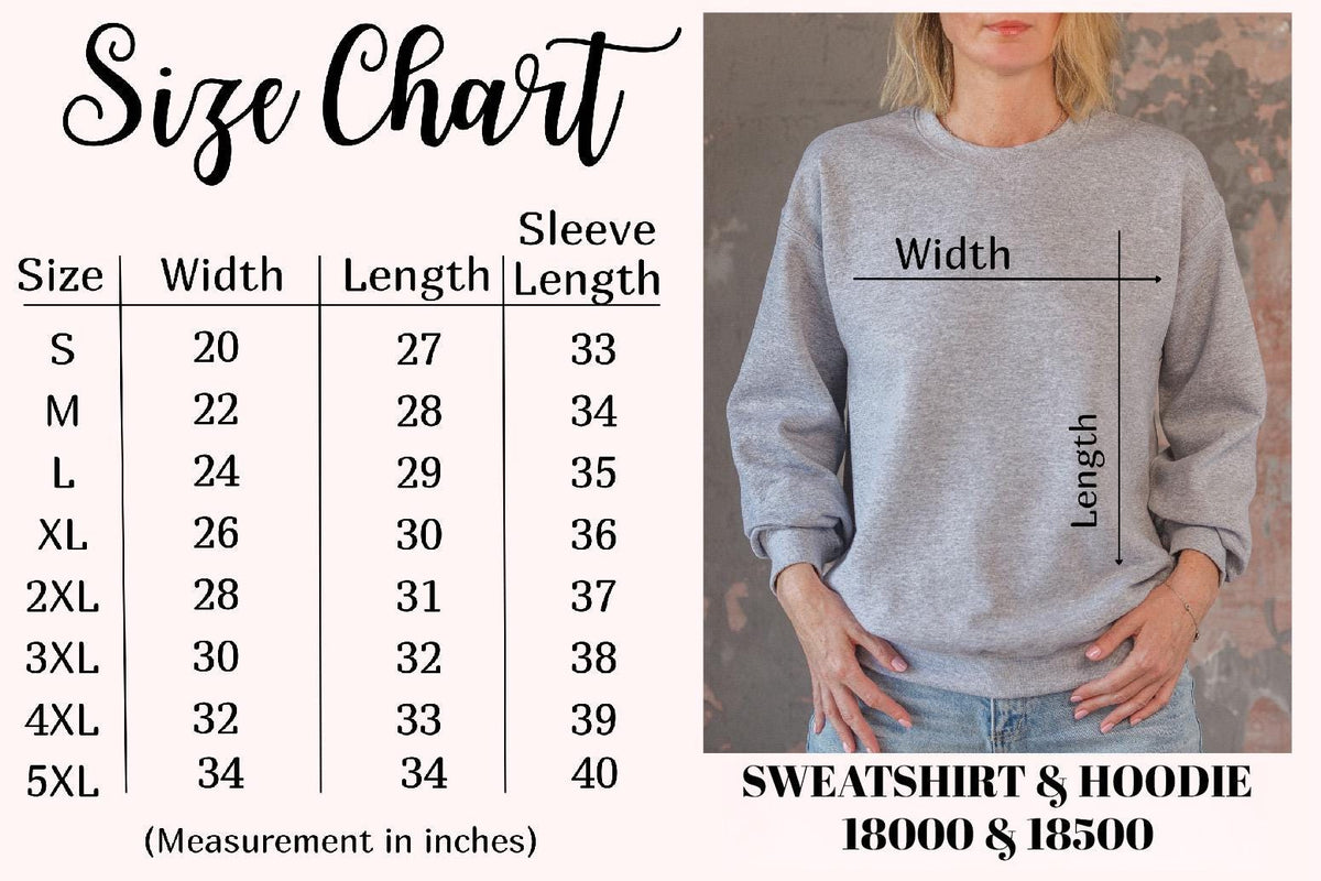 May include: Size chart for sweatshirts and hoodies with measurements in inches for width, length, and sleeve length. Sizes range from S to 5XL.