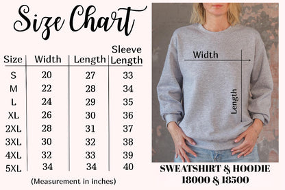 May include: Size chart for sweatshirts and hoodies with measurements in inches for width, length, and sleeve length. Sizes range from S to 5XL.