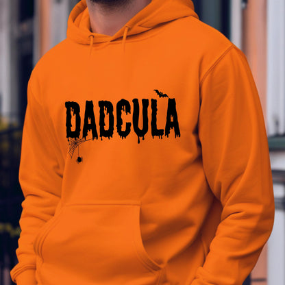 May include: Orange hoodie with a black graphic that says "DADCULA" with a spider web and bat design.